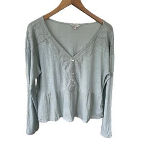 Lucky Brand NWOT Semi Sheer Lace Trim Pintuck Peplum Long Sleeve Top M